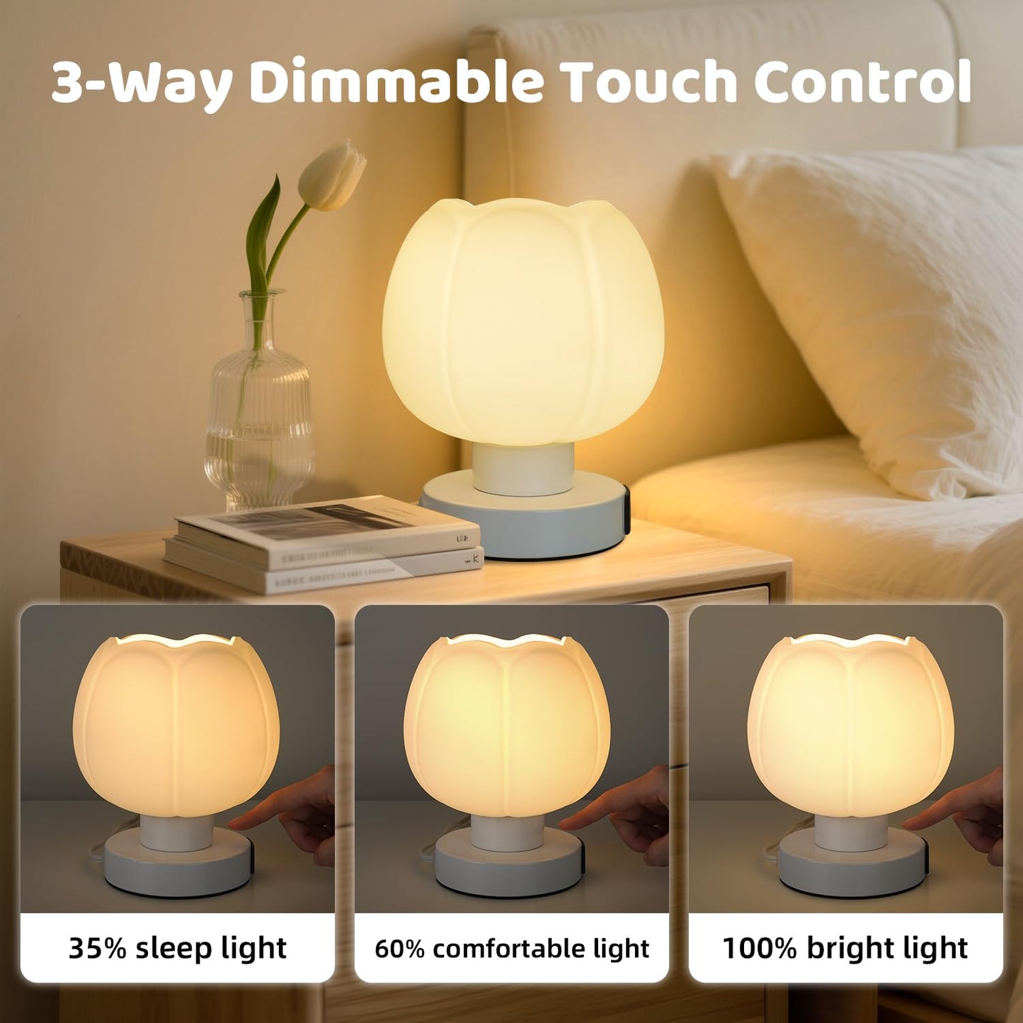 Komothala Touch Bedside Lamp with USB C+A Charging Ports,Tulip Flower Lamp with White Glass Lamp Shade, Warm LED Bulb, 3 Way Dimmable, Small Table Lamp for Bedroom Nightstand Living Room
