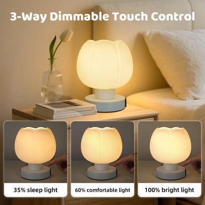 Komothala Touch Bedside Lamp with USB C+A Charging Ports,Tulip Flower Lamp with White Glass Lamp Shade, Warm LED Bulb, 3 Way Dimmable, Small Table Lamp for Bedroom Nightstand Living Room