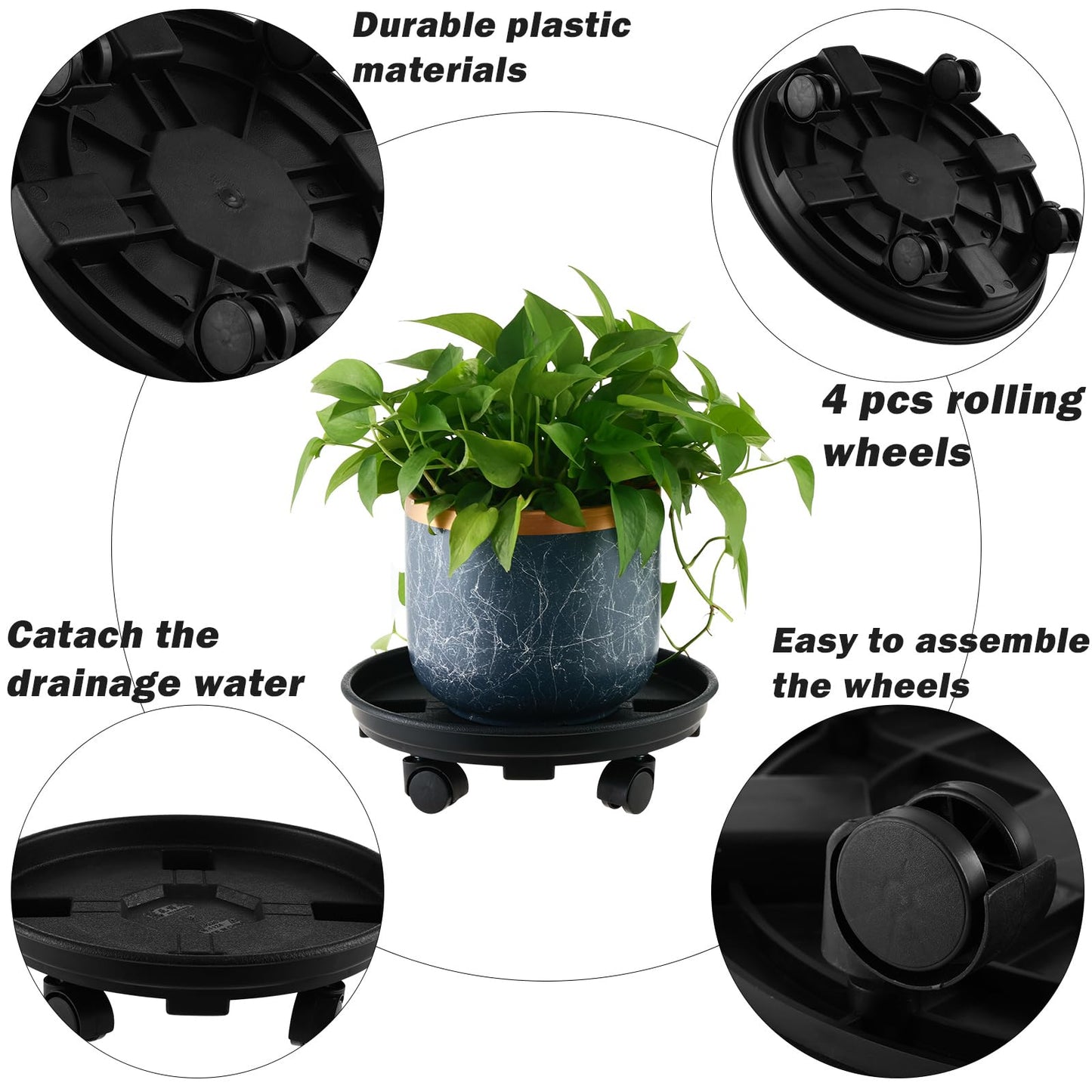 6 Packs 13 Inches Large Plant Caddy with Wheels Plant Saucers on Wheels Rolling Plant Stands Heavy-duty Plant Dolly Plastic Planter Roller Base Pot Movers Outdoor Plant Tray Coaster, Black