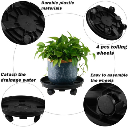6 Packs 13 Inches Large Plant Caddy with Wheels Plant Saucers on Wheels Rolling Plant Stands Heavy-duty Plant Dolly Plastic Planter Roller Base Pot Movers Outdoor Plant Tray Coaster, Black