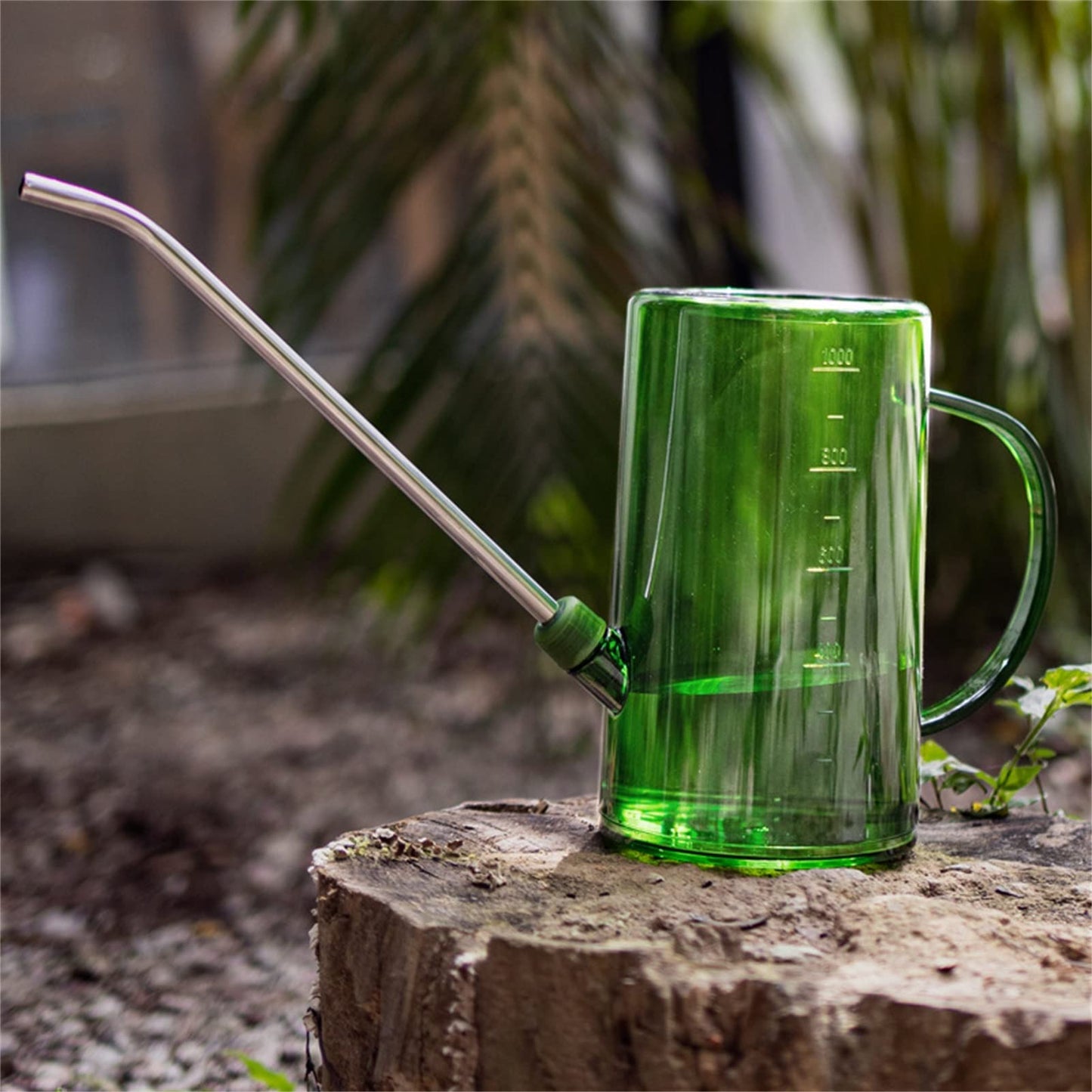Goose Neck Watering Can, 1L/1000ml Watering Can for Indoor Plants Clear Plastic Water Can with Stainless Steel Long Spout for Home Office(Green)