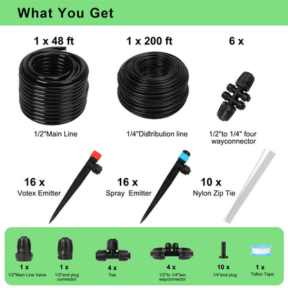 250FT Drip Irrigation System for Garden - 50FT 1/2" Main Tube & 200FT 1/4" Branch Tubing, Brass Splitter, Quick Connect Design, Perfect for Outdoor Plants, Raised Beds, Greenhouses