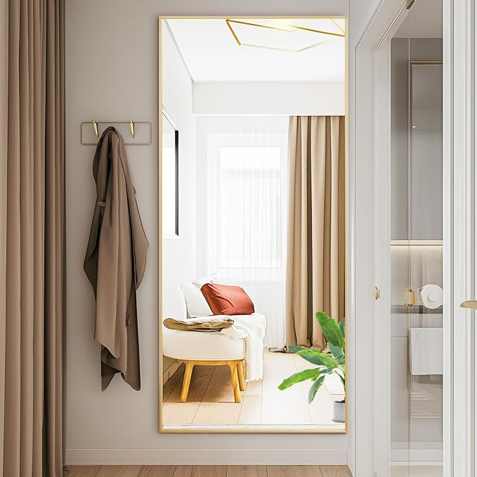 NEWBULIG Mirror Full Length, 68"x26" Body Wall Mirrors with Shatter-Proof Glass, Upgraded Floor Standing Mirror, Hanging or Leaning, with Stand Aluminum Alloy Frame for Home Decor, Bedroom, Gold