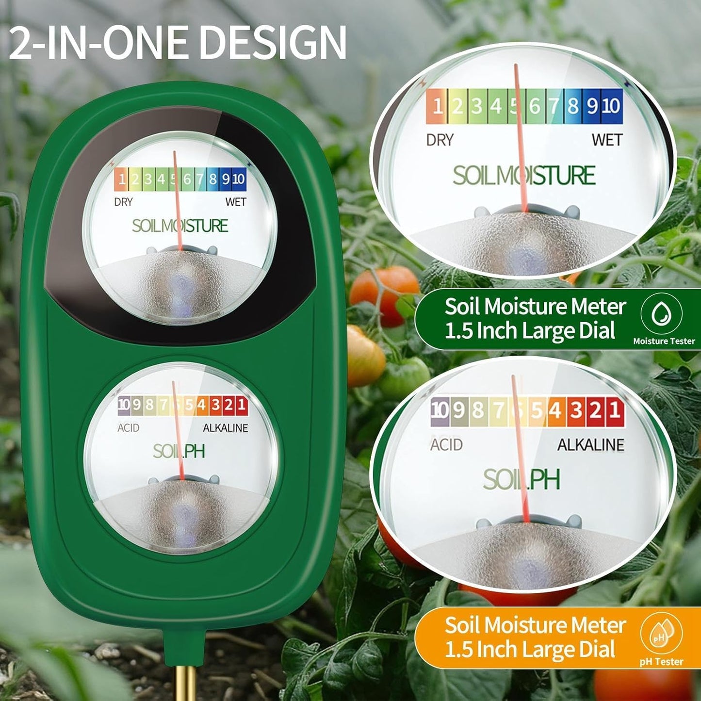 Aenncci Soil Test Kit, 2-in-1 Soil Moisture Meter, Soil pH Tester, Large Dual Dial Soil Meter for Plants, Garden Soil, Lawn, Farm, Outdoor & Indoor Use-Green