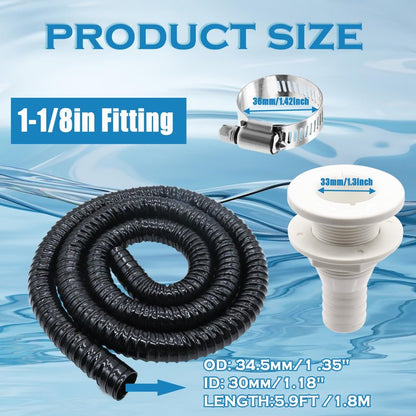 maierke 1-1/8 Boat Bilge Pump Hose Kit,1-1/8 Dia 6 FT Kink-free PVC Hose,1-1/8 Inch ABS Thru-Hull Fitting,2PCS Stainless Steel Hose Clamps for Boat Marine