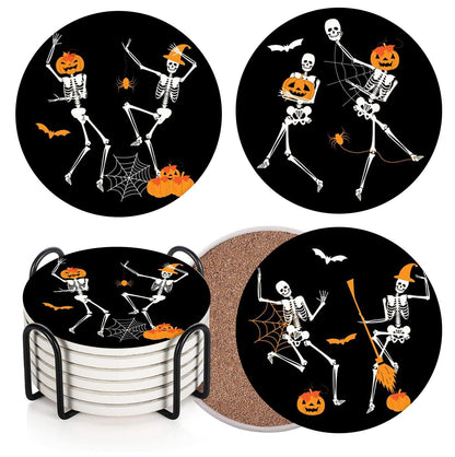 Bribay Coaster for Drinks Set of 6, Funny Happy Halloween Skeleton Pumpkin Bat Absorbent Round Ceramic Stone Mat, with Cork Base and Metal Holder, Gift for Housewarming Room Bar Decor