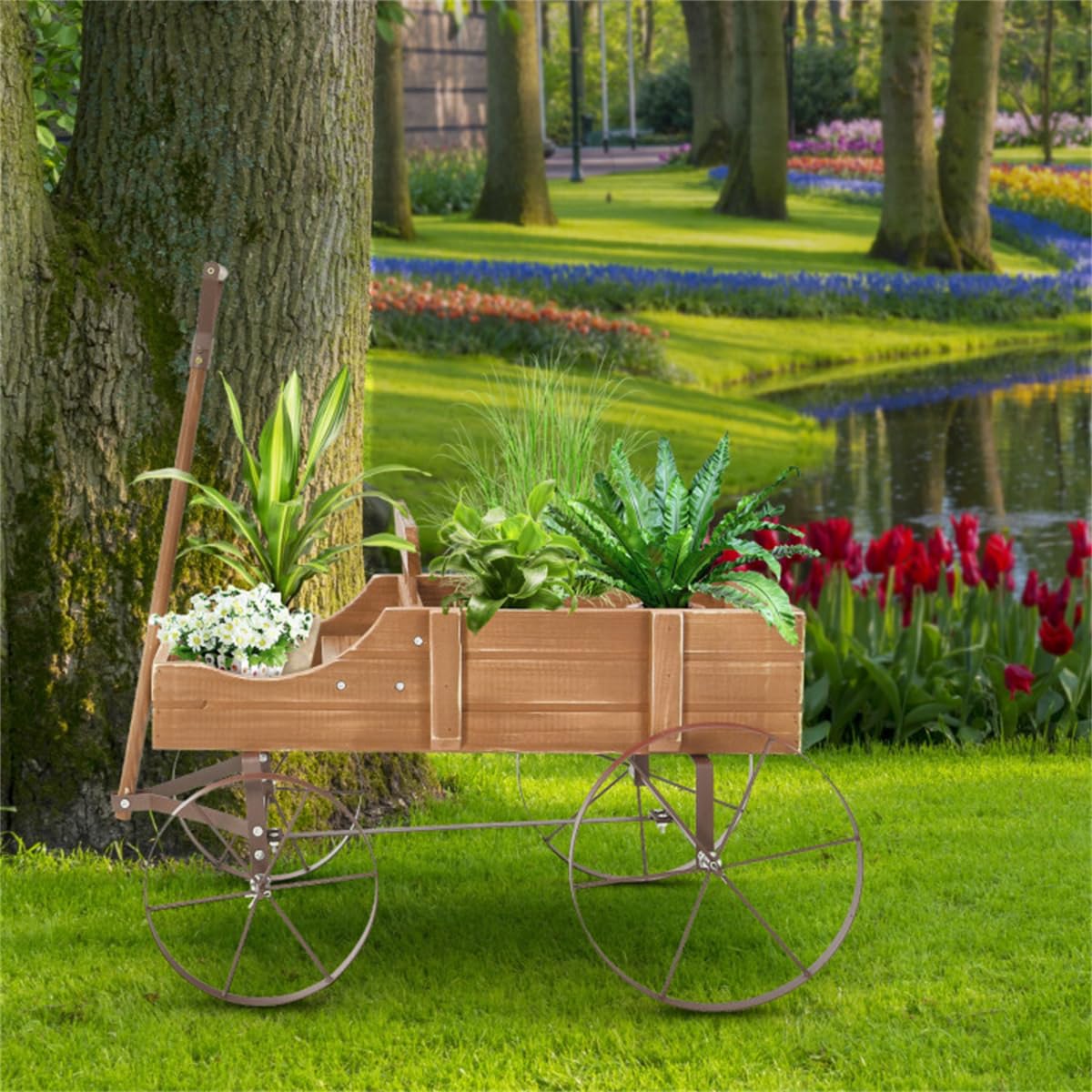 DESIGNSCAPE3D Wooden Wagon Planter Cart – Rustic Raised Garden Bed with Wheels & Handle for Outdoor Patio, Yard, Backyard, Brown Fir Wood Flower Box