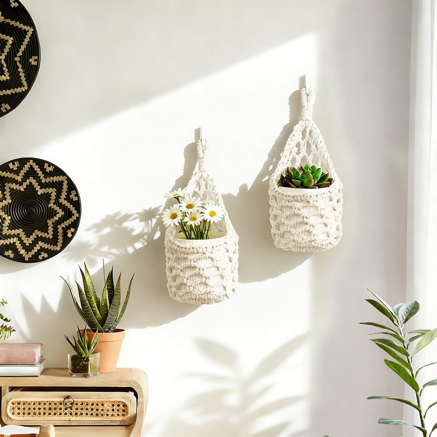 HOREAKHJ Macrame Wall Plant Hanger, Hanging Planter Basket Holder, Wall Planters for Indoor Plants, for Up to 4 Inch Pot (Ivory, 4-Inch)