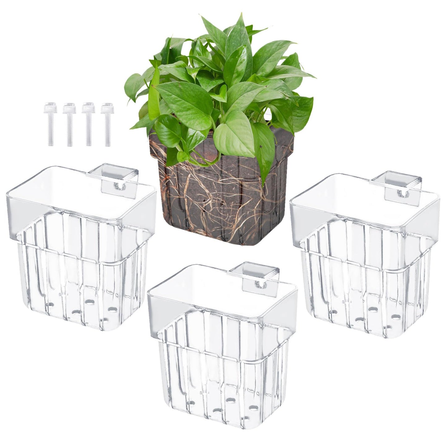 Gosknor 4pcs Aquarium Plant Holders, Transparent Plastic Fish Tank Plant Pots Hanging Aquarium Planter Aquarium Plant Basket Aquatic Plant Cup for Aquarium Fish Tank Hydroponic Plants
