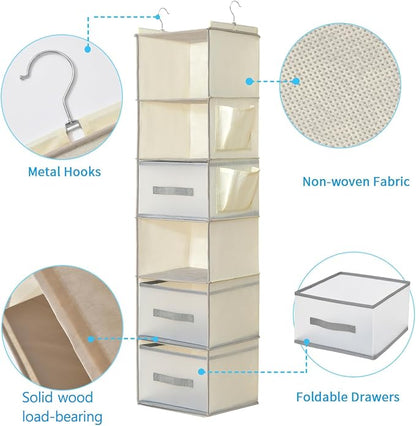 6-Tier Hanging Closet Organizer with 3Drawers and Side Pockets-Multi-FunctionalStorage for Shoes, Belts, Purses, and Clothing