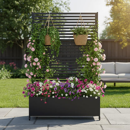 Sunnibety Metal Planter Box with Trellis Privacy Screen, Raised Garden Bed with Trellis & Wheels, Privacy Planters for Patio, Planter Box with Drainage Holes for Climbing Plants, 73"x 47"x 16", Black