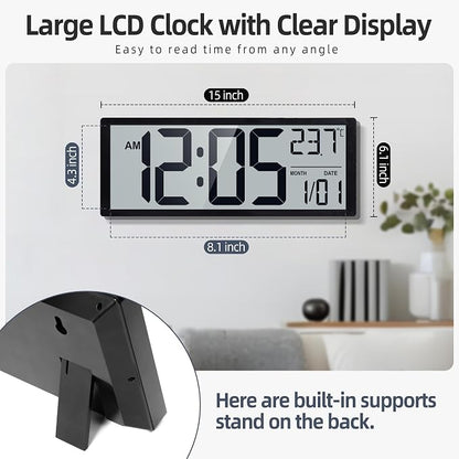 16" Large Digital Wall Clock Battery Operated with Big Display Numbers, Temperature and Date, Auto DST and Alarm, for Office, Classroom, Gym, Bedroom, Living Room