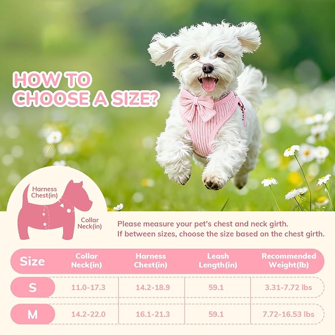 Small Dog Collar Harness and Leash Set, Dog Harness no Pull with Bowtie, Breathable Cotton Adjustable Pet Puppy Harness, Easy Walk Dog Harness, M(16-21")