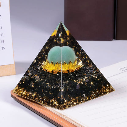 Rockcloud Orgone Pyramid Crystal Stone Sphere on Lotus Base Energy Generator for Chakra Balancing Meditation, Green Aventurine