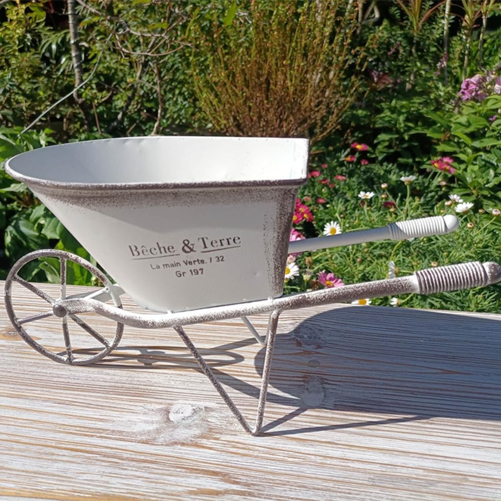 YUSHTPO Classical Iron Art Single Wheel Cart for Garden Decors Metal Wheelbarrow Small Planter Flower Pots Plant