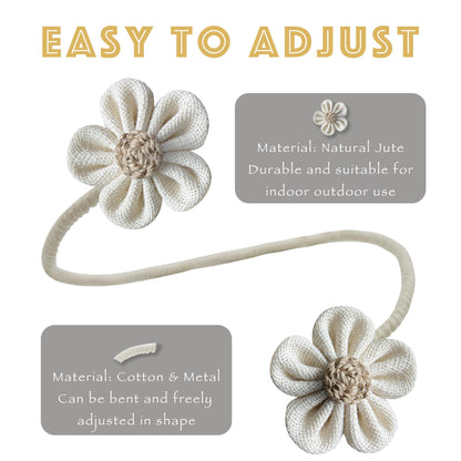 Curtain Tie Backs for Curtain Drapes, Boho Decor Holdback Farmhouse TieBacks for Blackout/Sheer Curtains, Jute Rope with Flower, Natural Decor Shabby Chic Drapery Holder, Pack-2