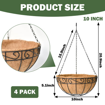 KIDYBELL 4 Pack 10 Inch Hanging Baskets for Plants Outdoor Metal Hanging Planter Basket with Coco Coir Liner Hanging Flower Baskets Hangings Flower Pots Holder for Garden, Patio(Flower)