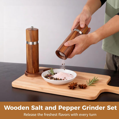 2 Pcs Wooden Salt and Pepper Grinder Set, Wood Pepper Shakers, Wooden Base, Refillable Sea Salt Grinder, 8.5 x 2.2 in