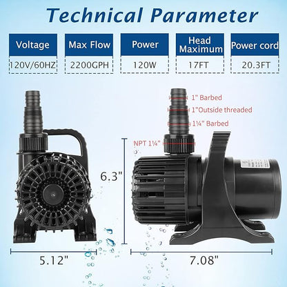 WaterRebirth (2200GPH-120W,UL listed) High Flow Large Fountain Submersible Water Pond Sump Pump Aquarium Electric Waterfall Pump Outdoor PS-2200