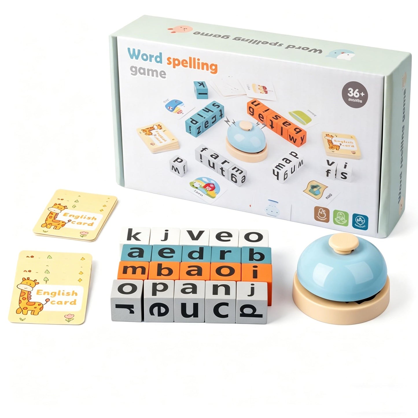 Wooden Word Spelling Game with Flash Cards, Alphabet Learning Set with Bell and Cube, Language Skills Recognition Tool for Educational Use