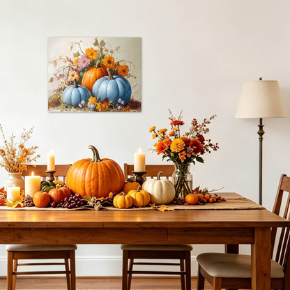 LB Blue and Orange Pumpkin Wall Art for Bathroom Fall Harvest Pumpkin and Plant Orange Floral Canvas Wall Art Thanksgiving Autumn Framed Wall Decor for Living Room Bedroom Ready to Hanging 16x12 Inch