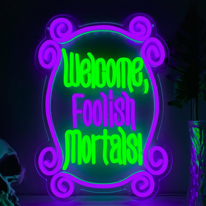 Welcome Foolish Mortals Neon Sign, Haunted Mansion Decor, Halloween Neon Signs for Wall Decor, Dimmable LED Spooky Gothic Coffin Neon Signs, Haunted Mansion Neon Sign for Halloween Party Man Cave