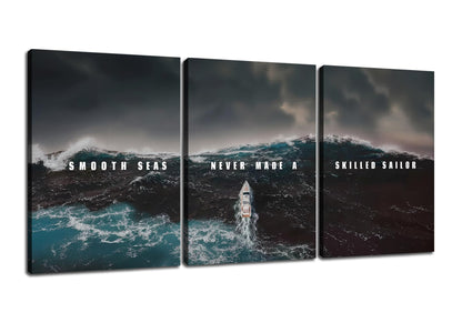 PSYYSP 3 Panel Canvas Prints Motivational Wall Art, Smooth Seas Never Made a Skilled Sailor Quote with Stormy Ocean Boat Scene for Living Room Office, Framed Canvas 60x28 Inch