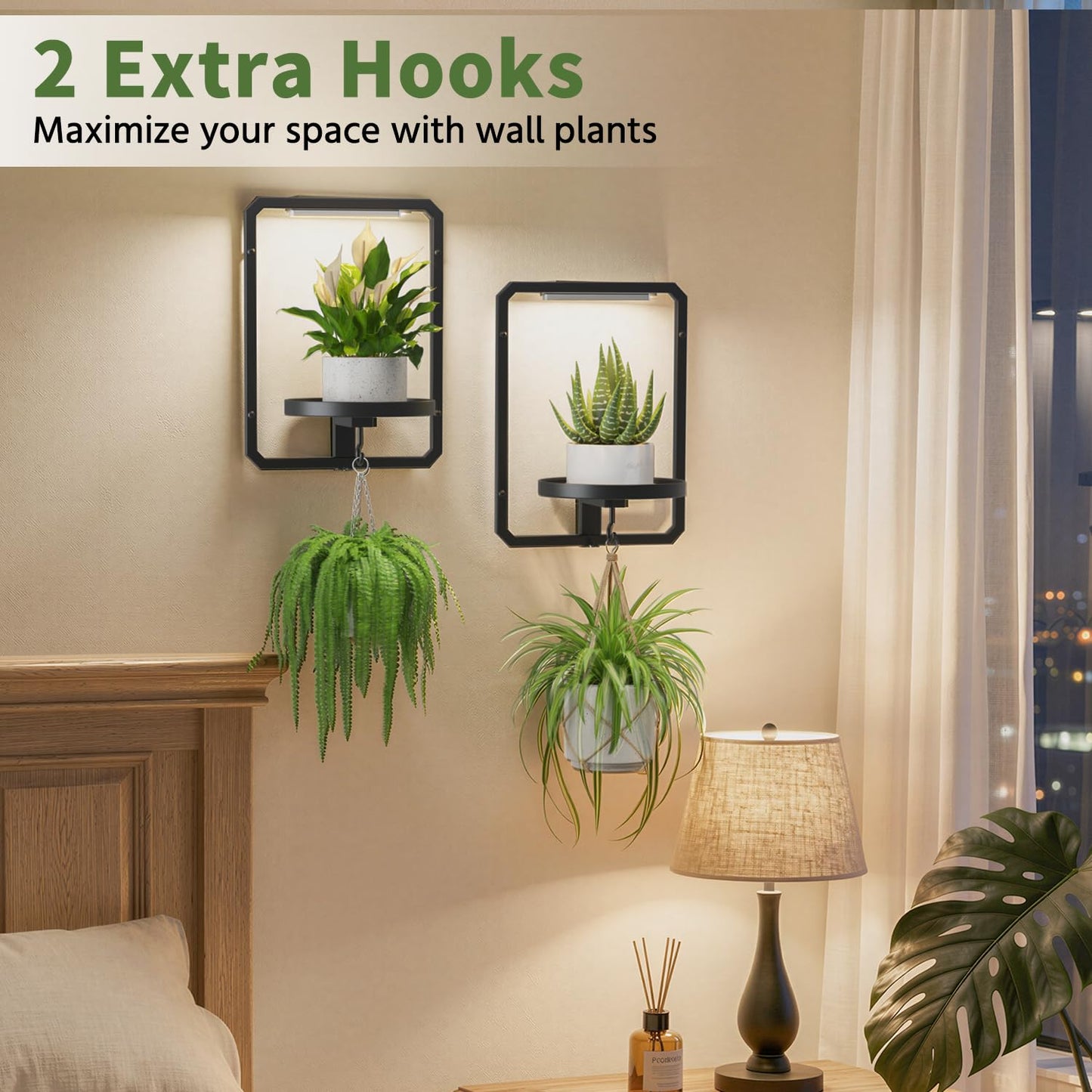 LASZOLA Plant Picture Frame Holder Wall Mount Indoor Window with 2 Grow Light, 2 Pack Modern Floating Flower Stand Shelf with Hooks, Metal Hanger Display Decor for Living Room, Black