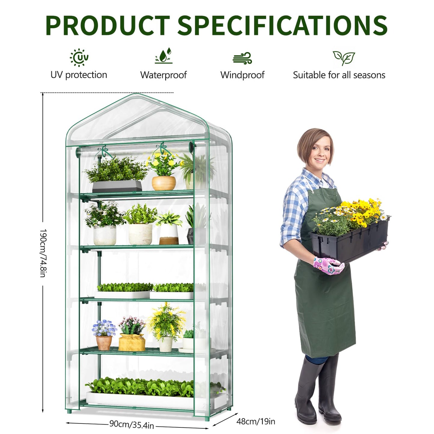 SUNYRISY Indoor Greenhouse with Grow Lights, 5 Tier Mini Small Greenhouse Kit with Zippered PVC Tent Cover for Indoor Garden Seed Starting Tray, 36W Full Spectrum with Timer