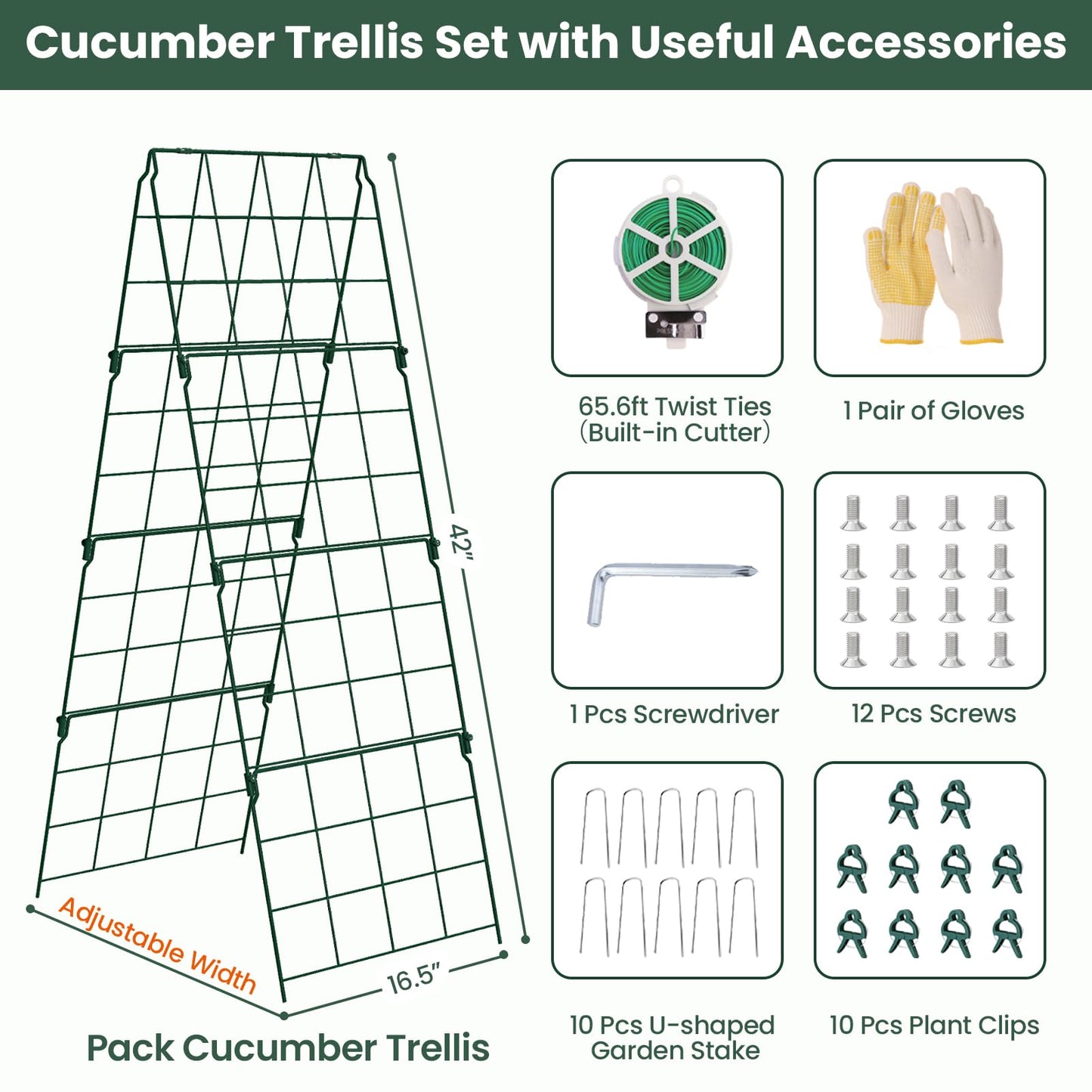 Cucumber Trellis, 48"x16" Adjustable A-Frame Trellis for Climbing Plants, Metal Foldable Upgraded Vegetable Trellis for Raised Bed, Support for Tomatoes, Squash, Zucchini, Vegetables & Flowers