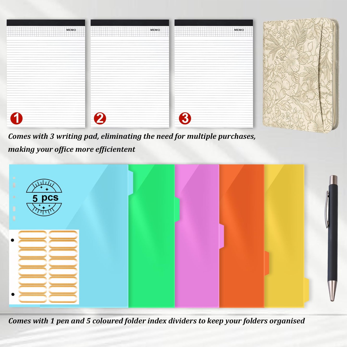 Leathario Portfolio Binder, Includes 5 Folder Index Dividers and 3 Notepads, 3-Ring Folder Organizer, Padfolio with Zipper, Vegan Leather Tablet Sleeve, Business Office Conference Clipboards
