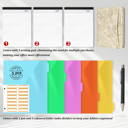 Leathario Portfolio Binder, Includes 5 Folder Index Dividers and 3 Notepads, 3-Ring Folder Organizer, Padfolio with Zipper, Vegan Leather Tablet Sleeve, Business Office Conference Clipboards