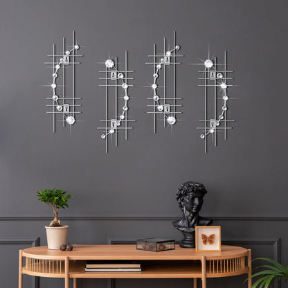 Lingvee 4 Pcs Sliver Metal Rhinestones Wall Decor 3D Silver Jeweled Art Bling Crystal Home Decorative Metal Wall Art for Living Room
