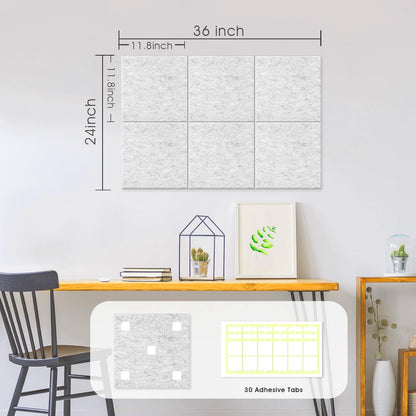 Large Cork Board for Office Wall Decor, 36"x24"- 6 Pack Felt Wall Tiles with Safe Removable Adhesive Tabs, 1/2" Thick, Felt Bulletin Board Pin Board Cork Boards for Walls - Gray Marble