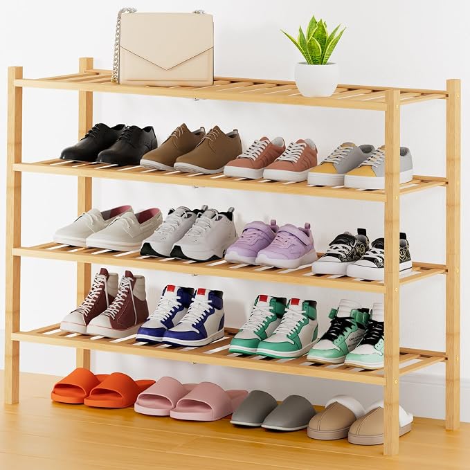 Smiry Long Bamboo Shoe Rack, 4 Tier Free Standing Wooden Shoe Organizer, Stackable Wood Shoe Storage Shelf for Closet, Entryway, 14 Vertical Slats, 2+2 Stack Heavy-Duty Legs, 33.7"x11"x26", Natural
