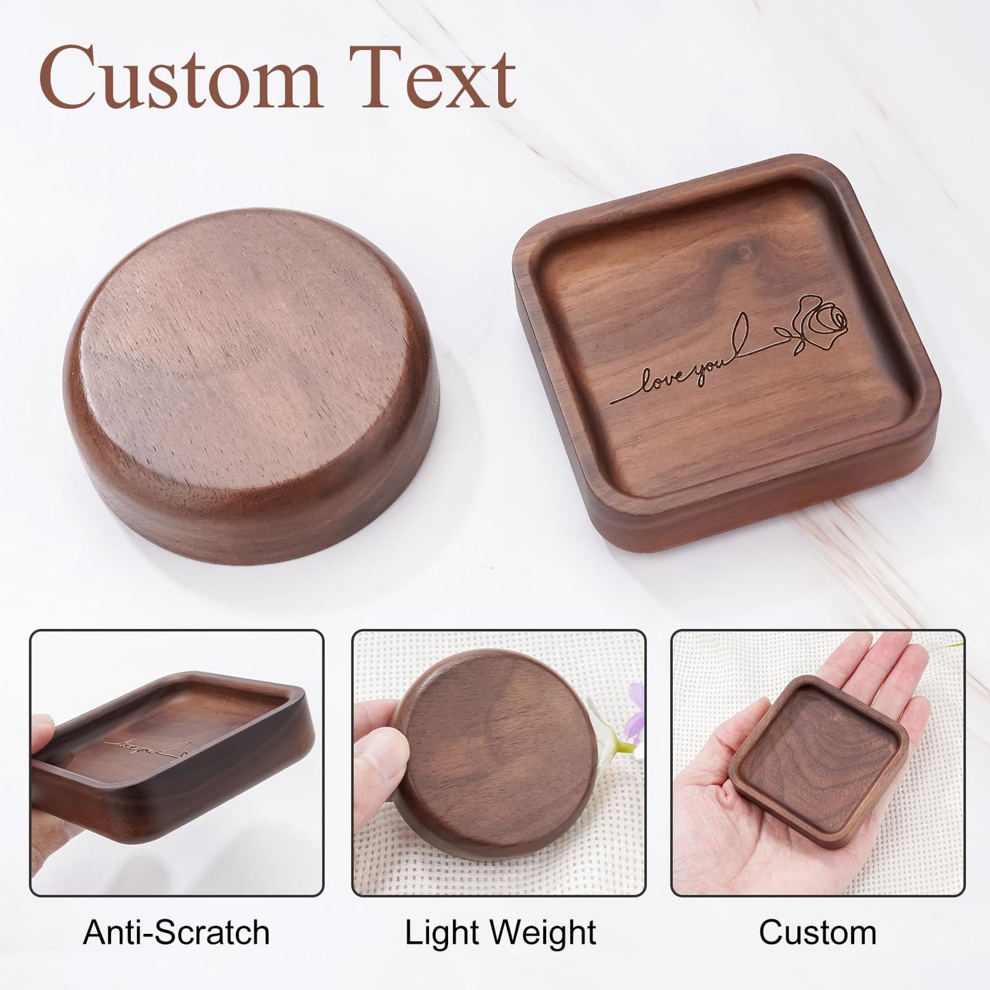 SOITIS Walnut Wooden Ring Tray Wedding Ring Dish Engagement Jewelry Dish for Couples Gift for Anniversary Christmas Birthday-Square