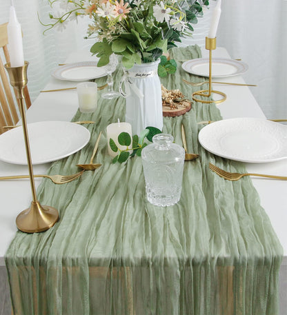 FEXIA 3Pcs Sage Green Cheesecloth Table Runner for Baby Shower Decoration Summer Gauze Table Runner for Wedding Party Engagement Bridal Shower Home Decor Birthday Decoration (35x120 Inches)
