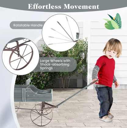 Wagon Planter, Decorative Wooden Garden Planter with Wheels, 2 Planting Sections and Adjustable Handle, Indoor Outdoor Backyard Balcony Decor (Grey)
