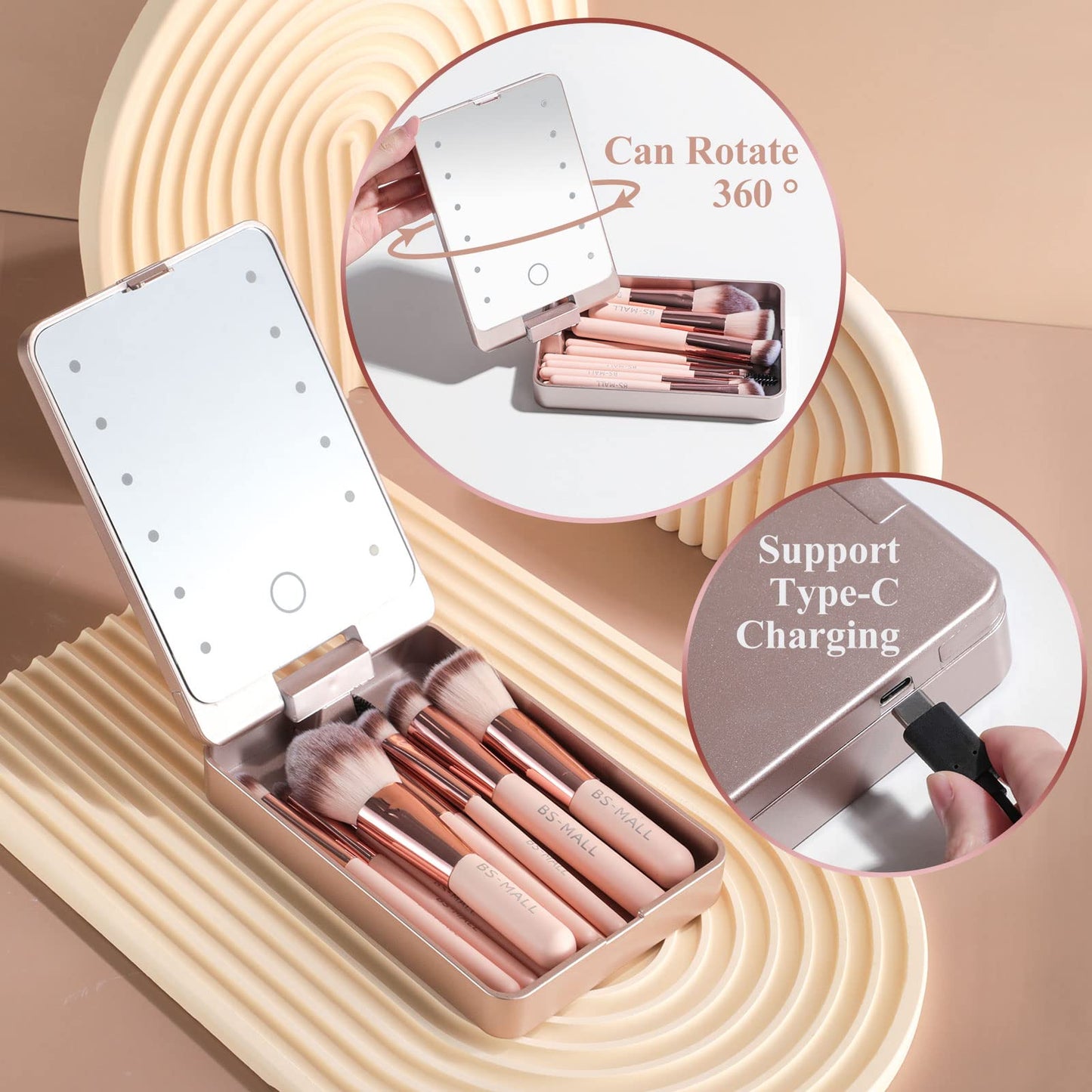 BS-MALL Travel Makeup Brush Set Foundation Powder Concealers Eye Shadows Makeup Set with LED light Mirror 14 Pcs (Green)