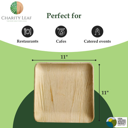 Charity Leaf Disposable Palm Leaf 11" Square Plates (25 pieces) Bamboo Like Serving Platters, Disposable Boards, Eco-Friendly Dinnerware For Weddings, Catering, Events