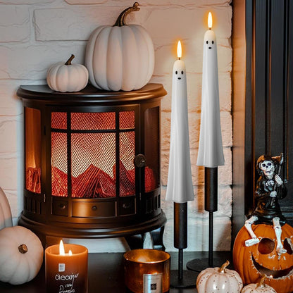 Eldnacele Ghost Halloween Flameless Taper Candles Battery Operated with Remote Timer Set of 2 White LED Flickering Candle Real Wax 3D Wick Long Lasting Spooky Dinner Indoor Decor(0.79" D x 9.5" H)