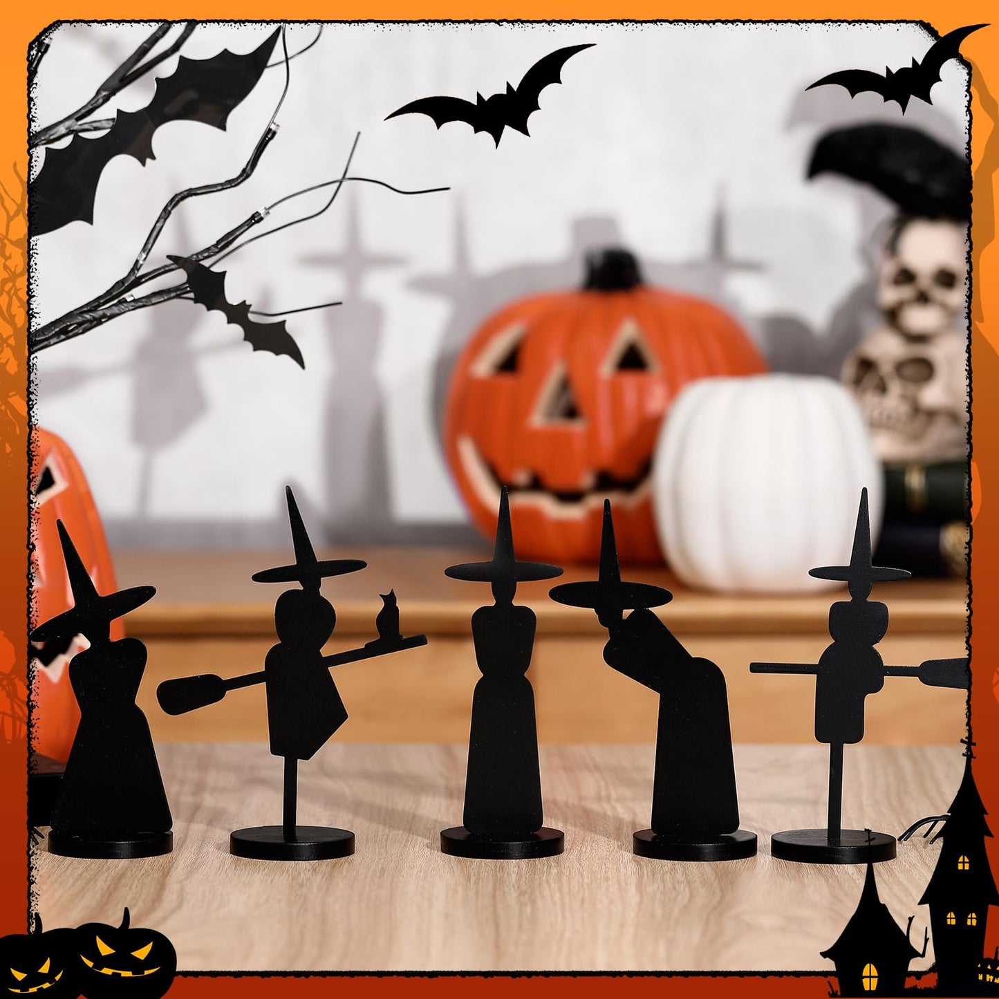 Burbell 5 Pcs Halloween Decorations Indoor Halloween Witch Figurines Set Black Metal Halloween Witches Decor Stylish Witch Scene Figurine Standing Decor for Witch Sabbath Home Table Shelf
