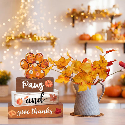 Amyhill 4 Pcs Fall Dog Paw Print Decorations Autumn Pet Lover Gift Wooden Pumpkin Maple Leaf Tiered Tray Set Table Centerpiece Sign Decor Thanksgiving Harvest Sign for Shelf Coffee Bar Home
