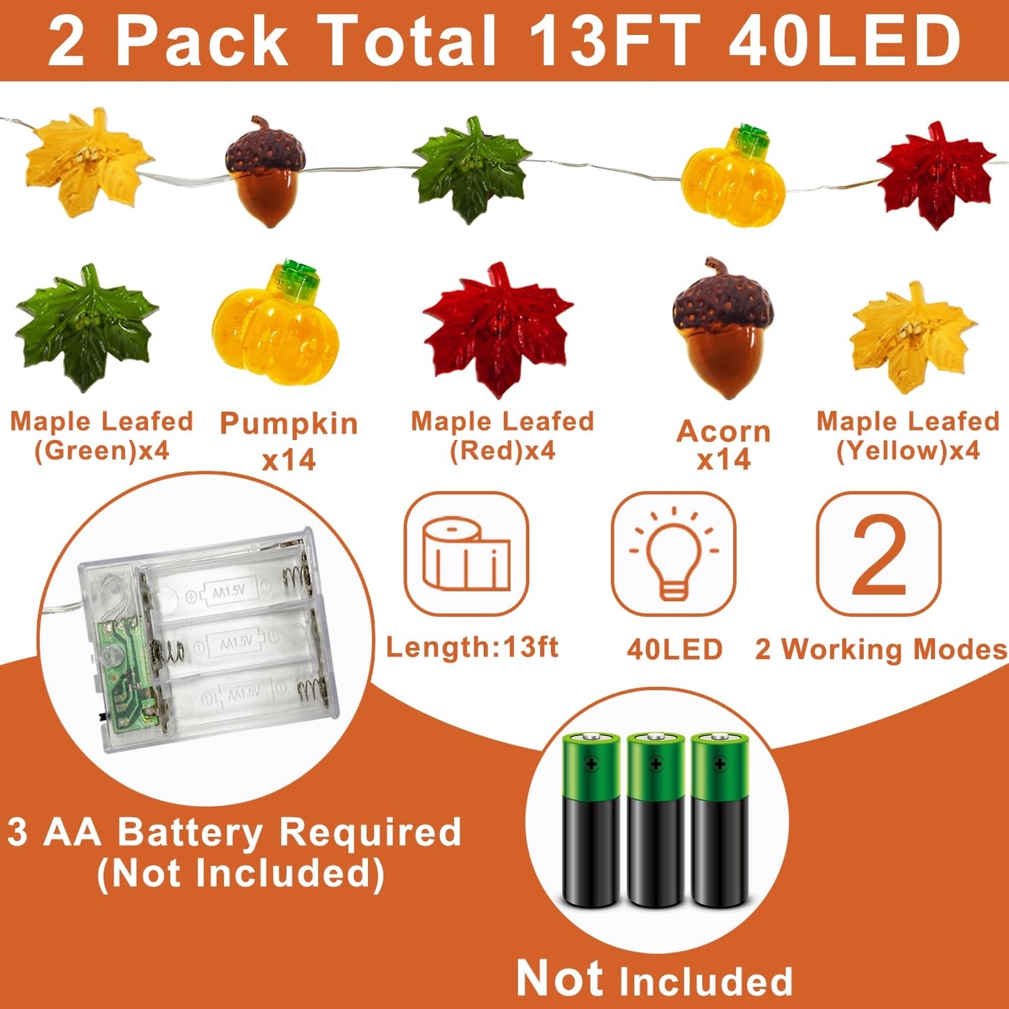TURNMEON Fall Decor 2 Pack 3D Fall Thanksgiving Pumpkin Lights Total 40LED/13Ft Fall Decorations for Home, 3 in 1 Battery Powered Fall String Lights Halloween Thanksgiving Decor Home Indoor Outdoor