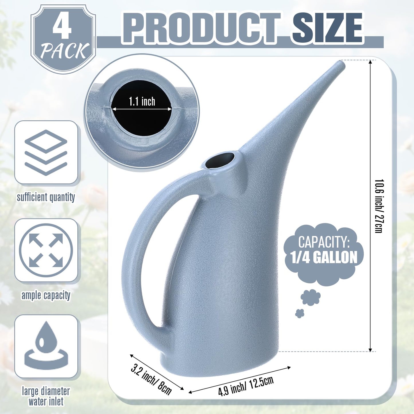 LemonRoad 4 Pack Small Indoor Watering Plant Can 1/4 Gallon Plastic Long Spout Indoor Outdoor Plant Watering Cans Bulk Pot, Precise Pour for Houseplants Succulents Garden Office Decor
