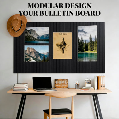 Slat Felt Wall Tiles (12 Pack) - 11.8"x11.8" Self-Adhesive Bulletin Board for Wall, Acoustic Panels for Sound Dampening, Modern Black Pin Board, Home Office Decor (30x30cm)