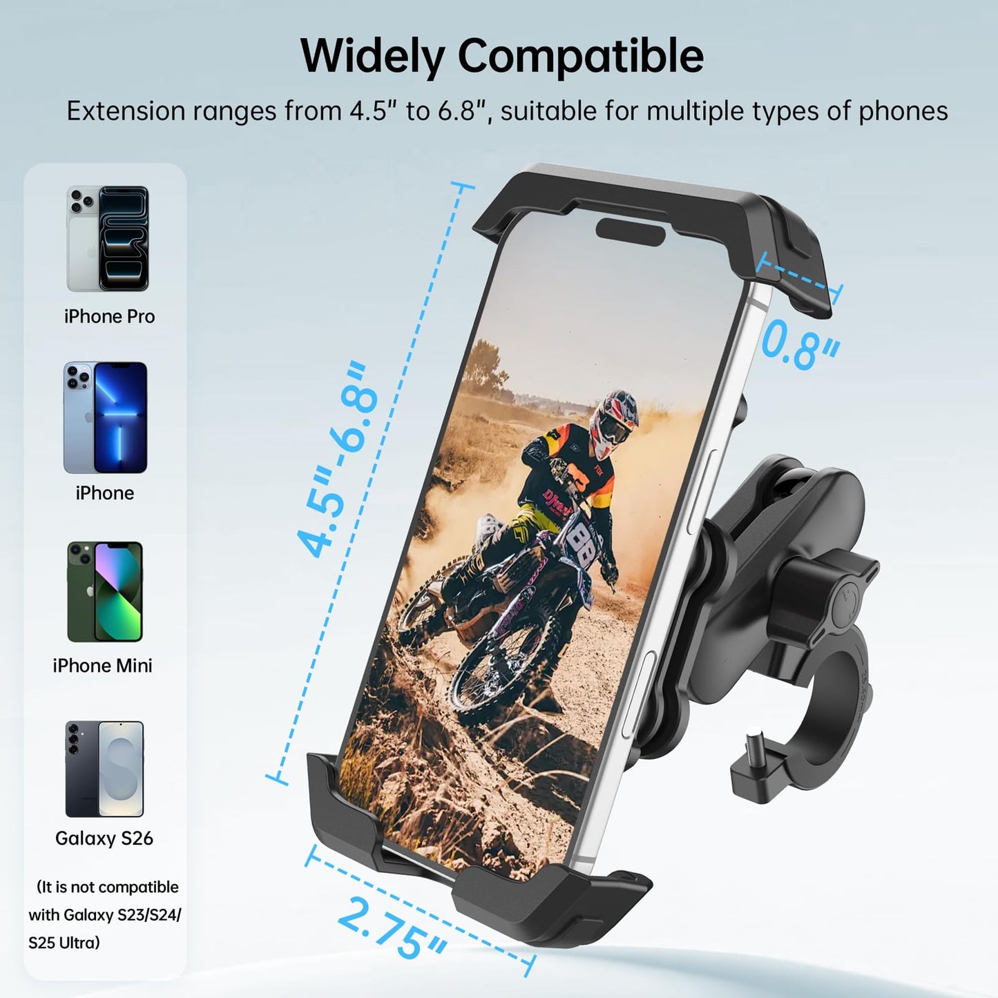 SEAJIC Motorcycle Phone Mount with Vibration Dampener & Security Lock, 720° Adjustable Bike Phone Holder Handlebar, Anti-Theft Motorcycle Phone Holder for iPhone 17/16/15/14/13 Series, 4.5-6.8" Phones