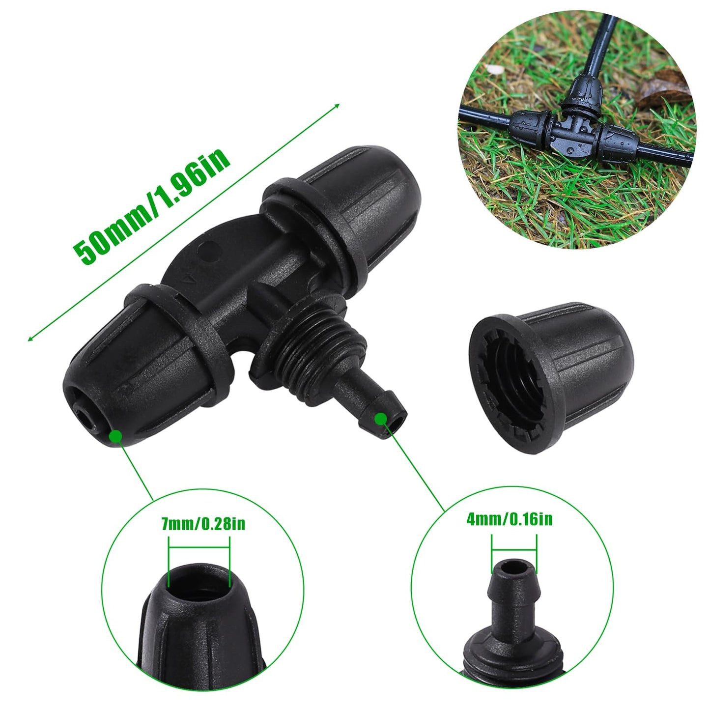 FOGWOWO Drip Irrigation Emitters for 1/4" Drip Tubing,Adjustable 360 Degree Automatic Irrigation Drippers on 5.5" Arrow Stake,with1/4 Locked Tee for Watering System(10Pcs Drippers and 10Pcs Tee)