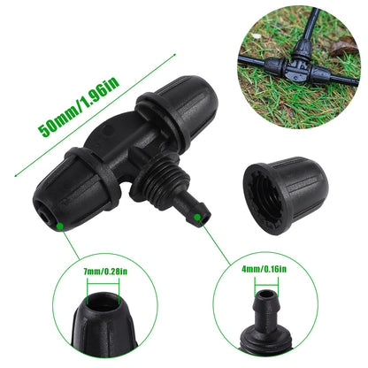 FOGWOWO Drip Irrigation Emitters for 1/4" Drip Tubing,Adjustable 360 Degree Automatic Irrigation Drippers on 5.5" Arrow Stake,with1/4 Locked Tee for Watering System(10Pcs Drippers and 10Pcs Tee)