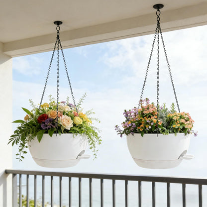 zople 2 Pack 12 Inch Self Watering Hanging Planters for Indoor Plants, Large White Plastic Hanging Pots with Chains for Outdoor Patio Garden Home Decor White